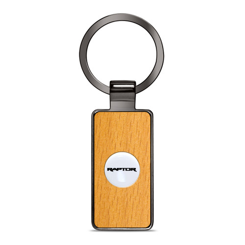 Ford F-150 Raptor Roundel Logo in White on Maple Wood Gray Gunmetal Metal Case Key Chain