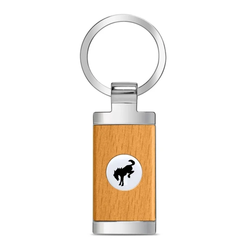 Ford Bronco Roundel Logo in White on Maple Wood Chrome Metal Trim Key Chain