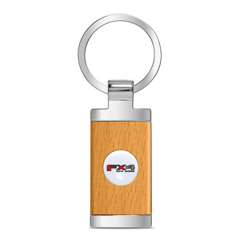 Ford F-150 FX4 Off Road Roundel Logo in White on Maple Wood Chrome Metal Trim Key Chain