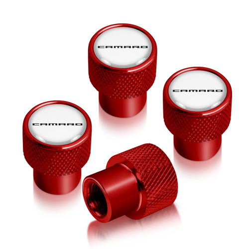 Chevrolet Camaro in White on Red Aluminum Tire Valve Stem Caps
