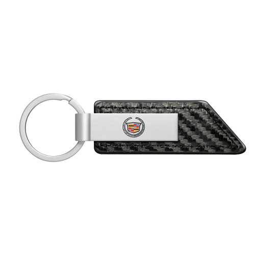 Cadillac Logo Silver Metal Plate Carbon Fiber Texture Black PU Leather Key Chain