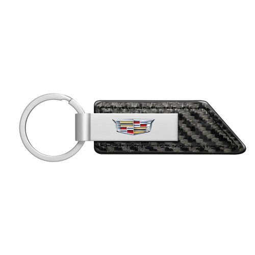 Cadillac Crest Logo Silver Metal Plate Carbon Fiber Texture Black PU Leather Key Chain