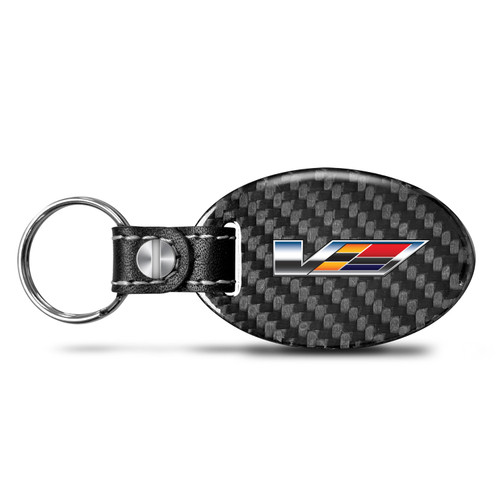 Cadillac V Logo Black Real Carbon Fiber Oval Shape with Black Leather Strap Key Chain