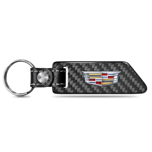 Cadillac Crest Logo Black Real Carbon Fiber Blade Style with Black Leather Strap Key Chain