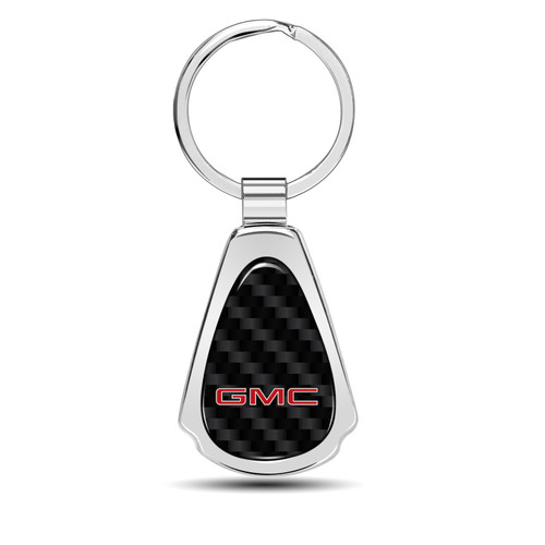 GMC Logo in Red Real Black Carbon Fiber Chrome Metal Teardrop Key Chain GMC Logo in Red Real Black Carbon Fiber Chrome Metal Teardrop Key Chain