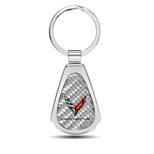 Chevrolet Corvette C8 Real Silver Dome Carbon Fiber Chrome Metal Teardrop Key Chain
