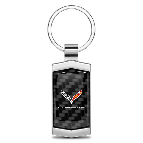 Chevrolet Corvette C7 Real Black Carbon Fiber Chrome Metal Case Key Chain