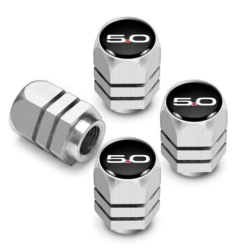 Ford Mustang 5.0 in Black on Silver Chrome Hexagon Shape Aluminum Tire Valve Stem Caps Ford Mustang 5.0 in Black on Silver Chrome Hexagon Shape Aluminum Tire Valve Stem Caps