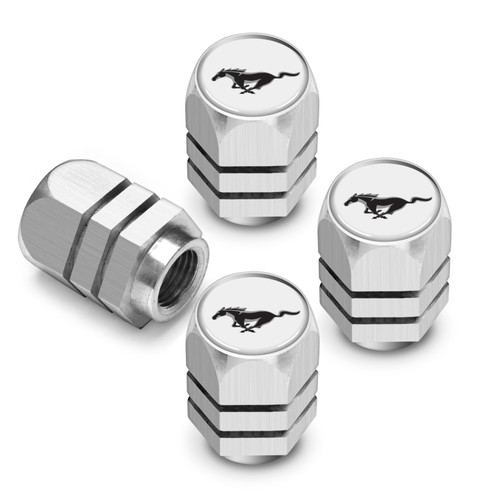 Ford Mustang in White on Silver Chrome Hexagon Shape Aluminum Tire Valve Stem Caps