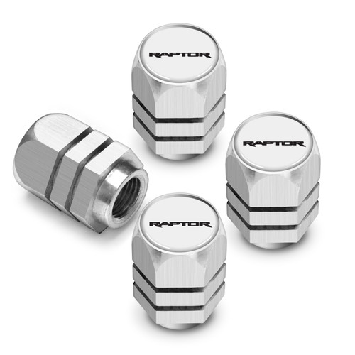 Ford F-150 Raptor in White on Silver Chrome Hexagon Shape Aluminum Tire Valve Stem Caps