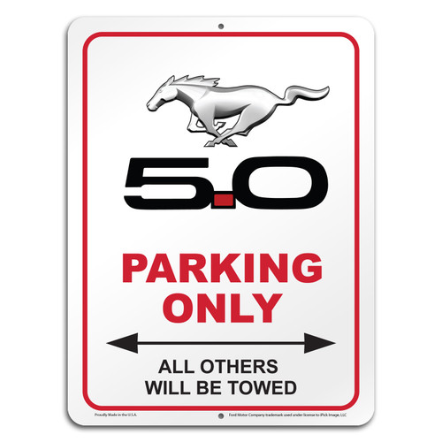 Ford Mustang 5.0 12" x 9" Parking Only Sign in White Glassy Aluminum