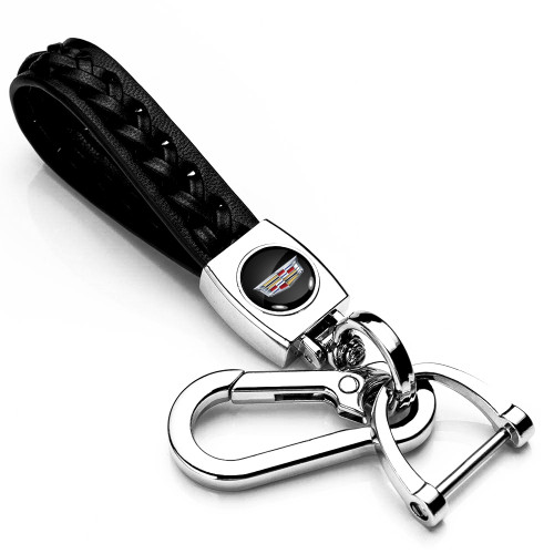 Cadillac Crest Logo Braided Rope Style Genuine Black Leather Key Chain