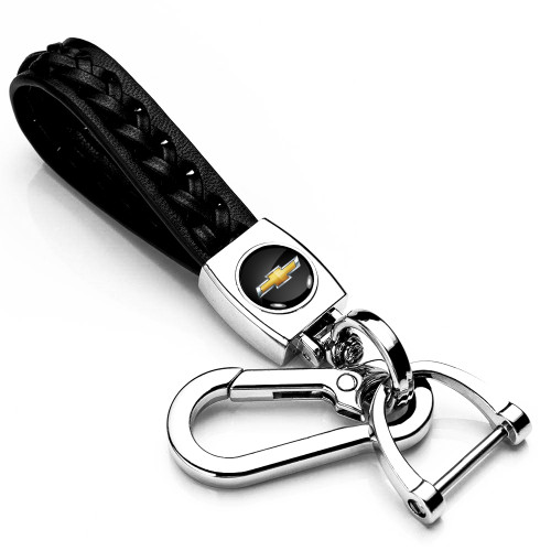 Chevrolet Golden Logo Braided Rope Style Genuine Black Leather Key Chain