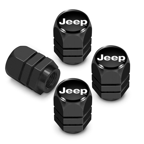 Jeep Logo in Black on Black Hexagon Shape Aluminum Tire Valve Stem Caps