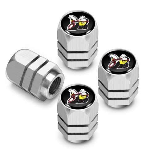 Dodge Scat-Pack Logo in Black on Silver Hexagon Shape Aluminum Tire Valve Stem Caps