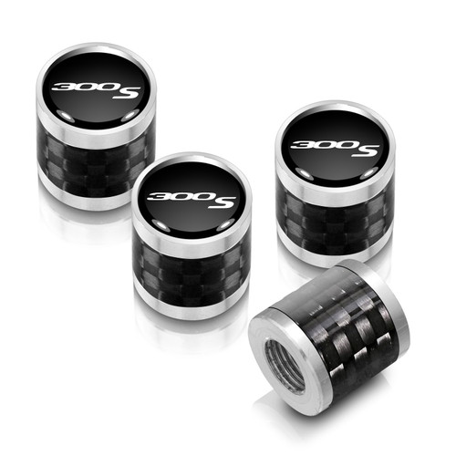 Chrysler 300S Logo in Black on Real Carbon Fiber Barrel Silver Aluminum Tire Valve Stem Caps