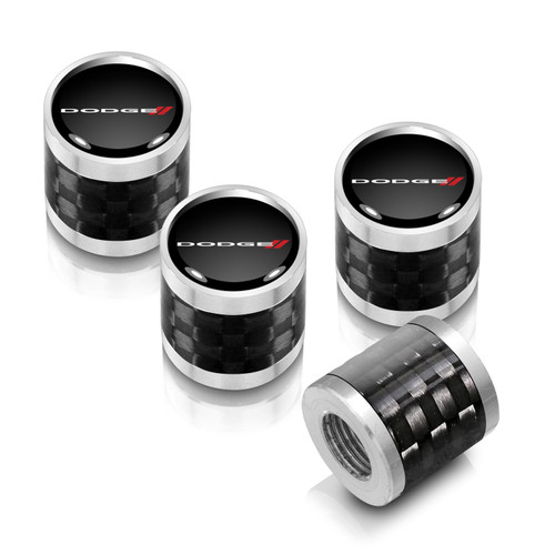 Dodge in Black on Real Carbon Fiber Barrel Silver Aluminum Tire Valve Stem Caps