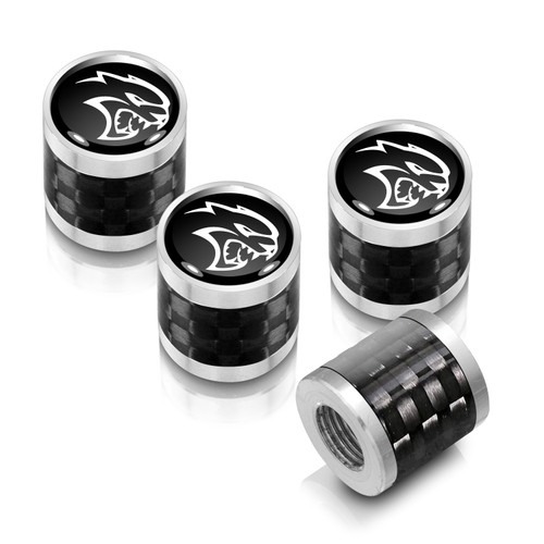 Dodge SRT Hellcat in Black on Real Carbon Fiber Barrel Silver Aluminum Tire Valve Stem Caps