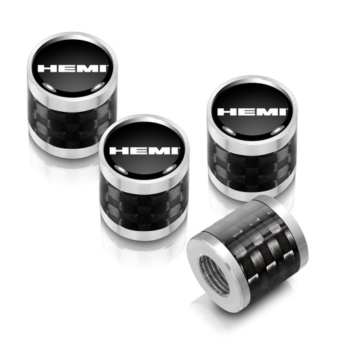 HEMI Logo in Black on Real Carbon Fiber Barrel Silver Aluminum Tire Valve Stem Caps
