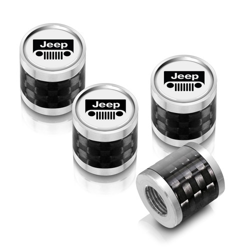 Jeep Grill in White on Real Carbon Fiber Barrel Silver Aluminum Tire Valve Stem Caps