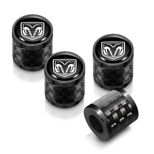 RAM in Black on Real Carbon Fiber Barrel Black Aluminum Tire Valve Stem Caps