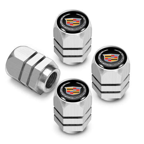 Cadillac Logo in Black on Silver Hexagon Shape Aluminum Tire Valve Stem Caps