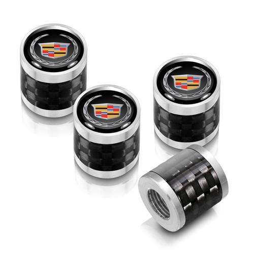 Cadillac Logo in Black on Real Carbon Fiber Barrel Silver Aluminum Tire Valve Stem Caps