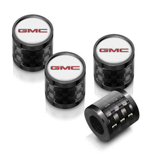 GMC Red Logo in White on Real Carbon Fiber Barrel Black Aluminum Tire Valve Stem Caps