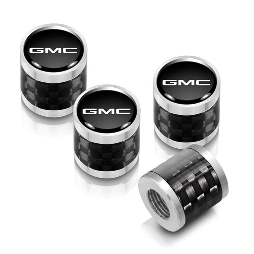 GMC Logo in Black on Real Carbon Fiber Barrel Silver Aluminum Tire Valve Stem Caps