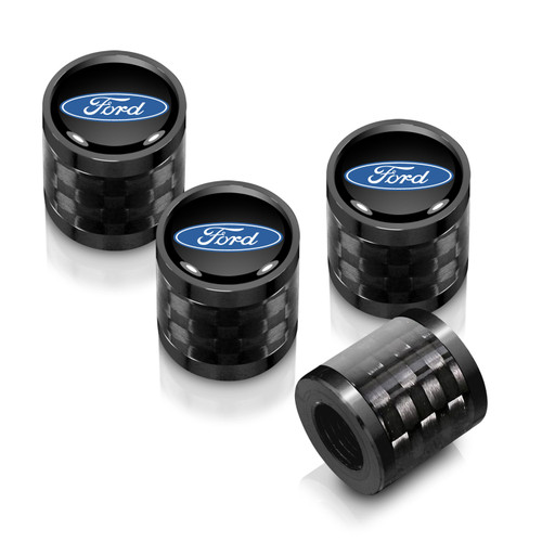 Ford Logo in Black on Real Carbon Fiber Barrel Black Aluminum Tire Valve Stem Caps