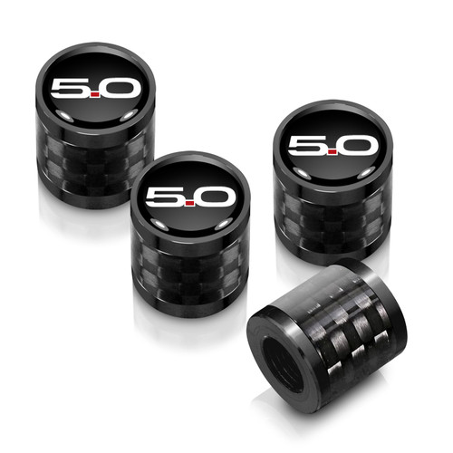 Ford Mustang 5.0 in Black on Real Carbon Fiber Barrel Black Aluminum Tire Valve Stem Caps