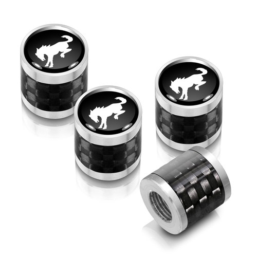 Ford Bronco in Black on Real Carbon Fiber Barrel Silver Aluminum Tire Valve Stem Caps