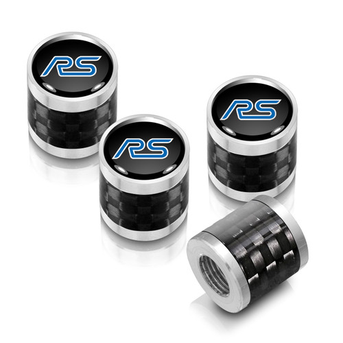 Ford Focus RS in Black on Real Carbon Fiber Barrel Silver Aluminum Tire Valve Stem Caps