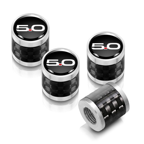 Ford Mustang 5.0 in Black on Real Carbon Fiber Barrel Silver Aluminum Tire Valve Stem Caps