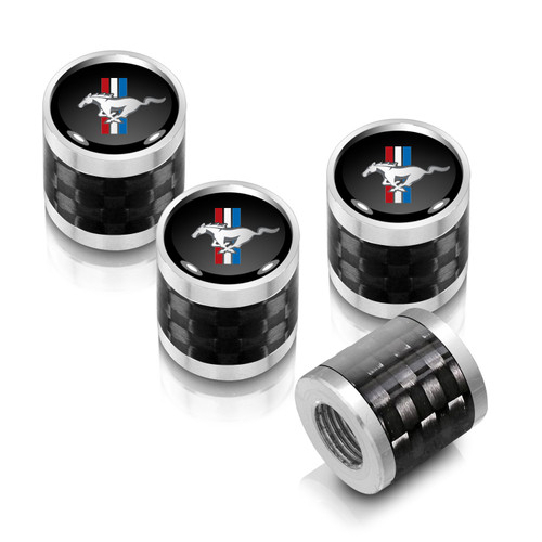 Ford Mustang Tri-Bar in Black on Real Carbon Fiber Barrel Silver Aluminum Tire Valve Stem Caps