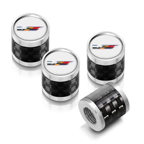 Cadillac V Logo in White on Real Carbon Fiber Barrel Silver Aluminum Tire Valve Stem Caps