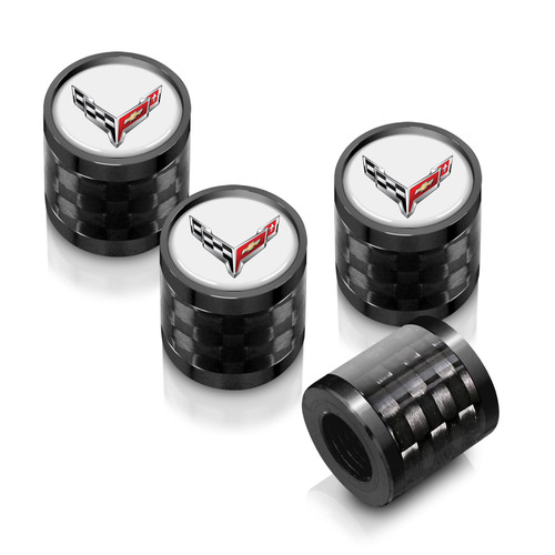 Chevrolet Corvette C8 Logo in White on Real Carbon Fiber Barrel Black Aluminum Tire Valve Stem Caps