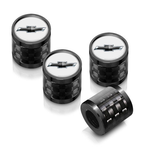 Chevrolet Black Logo in White on Real Carbon Fiber Barrel Black Aluminum Tire Valve Stem Caps