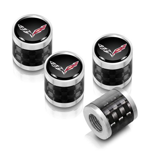 Chevrolet Corvette C7 Logo in Black on Real Carbon Fiber Barrel Silver Aluminum Tire Valve Stem Caps