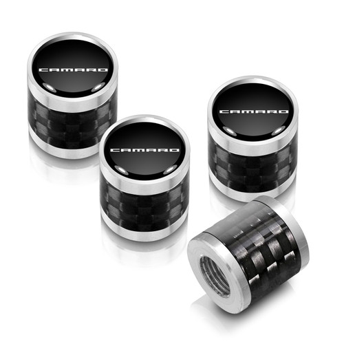 Chevrolet Camaro in Black on Real Carbon Fiber Barrel Silver Aluminum Tire Valve Stem Caps
