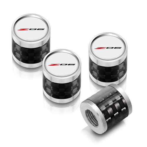 Chevrolet Corvette C8 Z06 Logo in White on Real Carbon Fiber Barrel Silver Aluminum Tire Valve Stem Caps