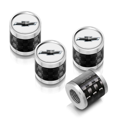 Chevrolet Black Logo in White on Real Carbon Fiber Barrel Silver Aluminum Tire Valve Stem Caps