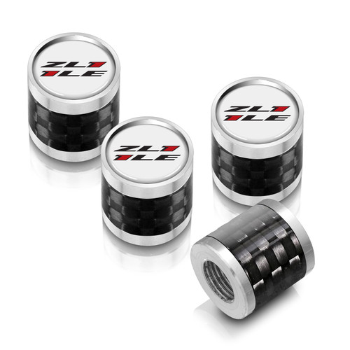 Chevrolet Camaro ZL1-1LE Logo in White on Real Carbon Fiber Barrel Silver Aluminum Tire Valve Stem Caps
