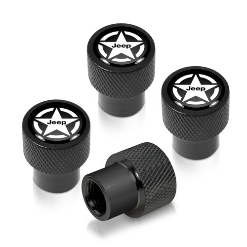 Jeep Willys Star Logo in Black on Black Aluminum Tire Valve Stem Caps