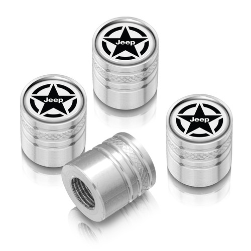Jeep Willys Star Logo in White on Shining Silver Aluminum Cylinder-Style Tire Valve Stem Caps