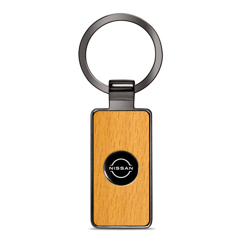 Nissan New Roundel Logo in Black on Maple Wood Gray Gunmetal Metal Case Key Chain