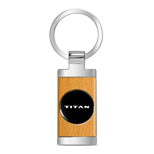 Nissan Titan Roundel Logo in Black on Maple Wood Chrome Metal Trim Key Chain
