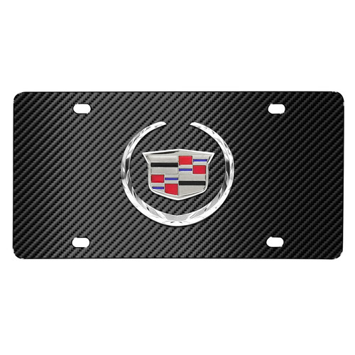 Cadillac 3D Logo on Black Carbon Fiber Pattern Stainless Steel License Plate