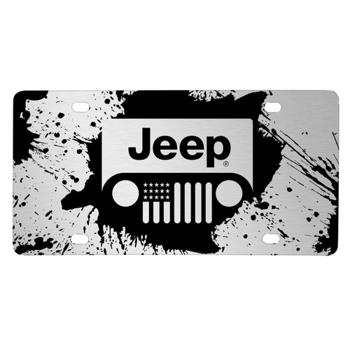 Jeep Grill Logo on Mud Splash Graphic Brush Silver Aluminum Front License Plate