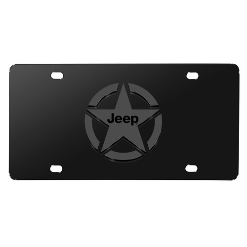 Jeep Willys Star Logo in 3D Dark Gray on Black Stainless Steel License Plate